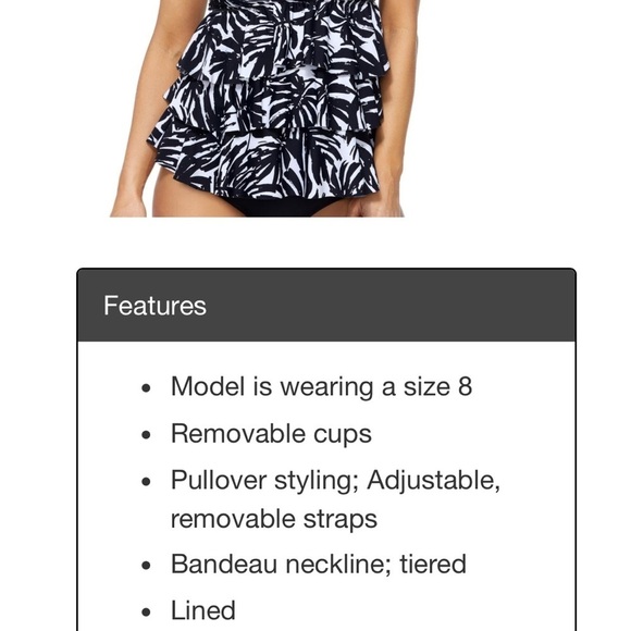 Island Escape Women's Tiered Tankini Top
Black/White Style 14508 Removable Strap - Picture 9 of 10